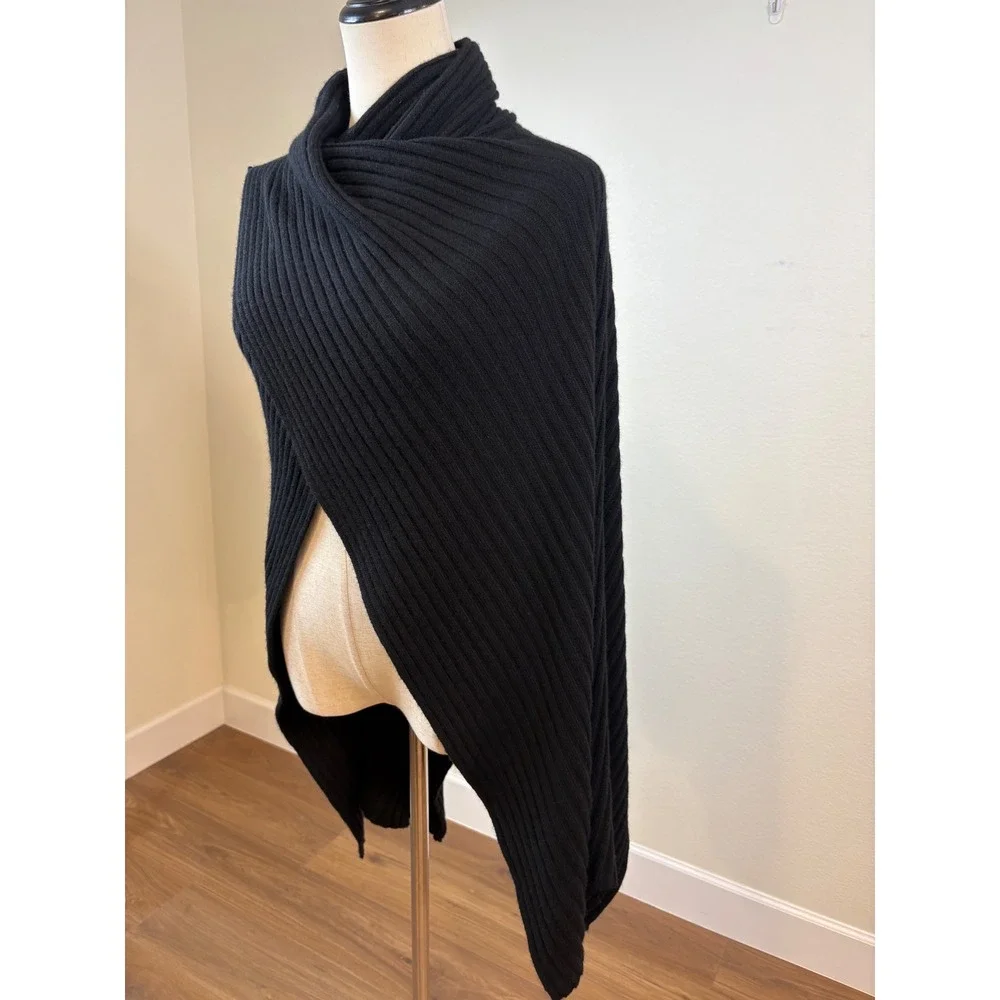 Autumn Cashmere Hybrid scarf cape wrap OS Black Cashmere Wool Blend Ribbed chic